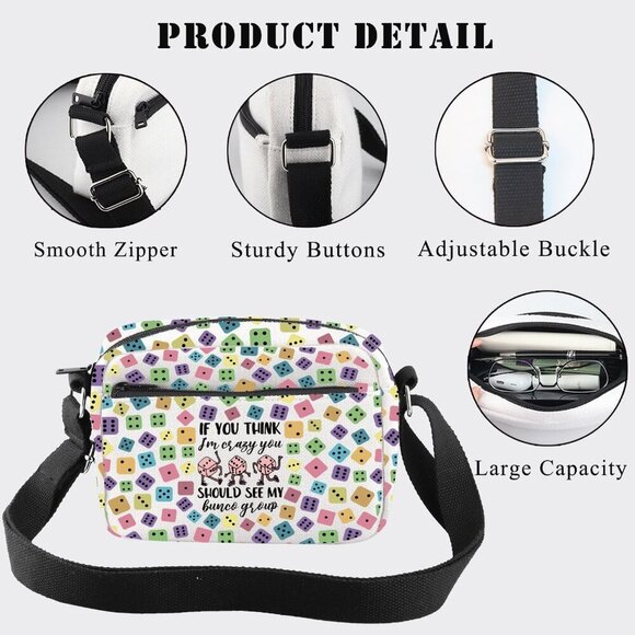 Bunco Crossbody Bag Canvas Zipper Pockets Water-Resistant Gift for Gamblers - Picture 5 of 7